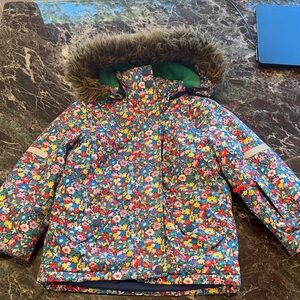 Mini Boden girls Floral Hooded Winter Jacket with Faux Fur Trim size 5-6 toddler